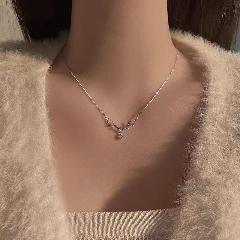 Silver stag blessing necklace with ancient Chinese charm, artisan jewelry.
