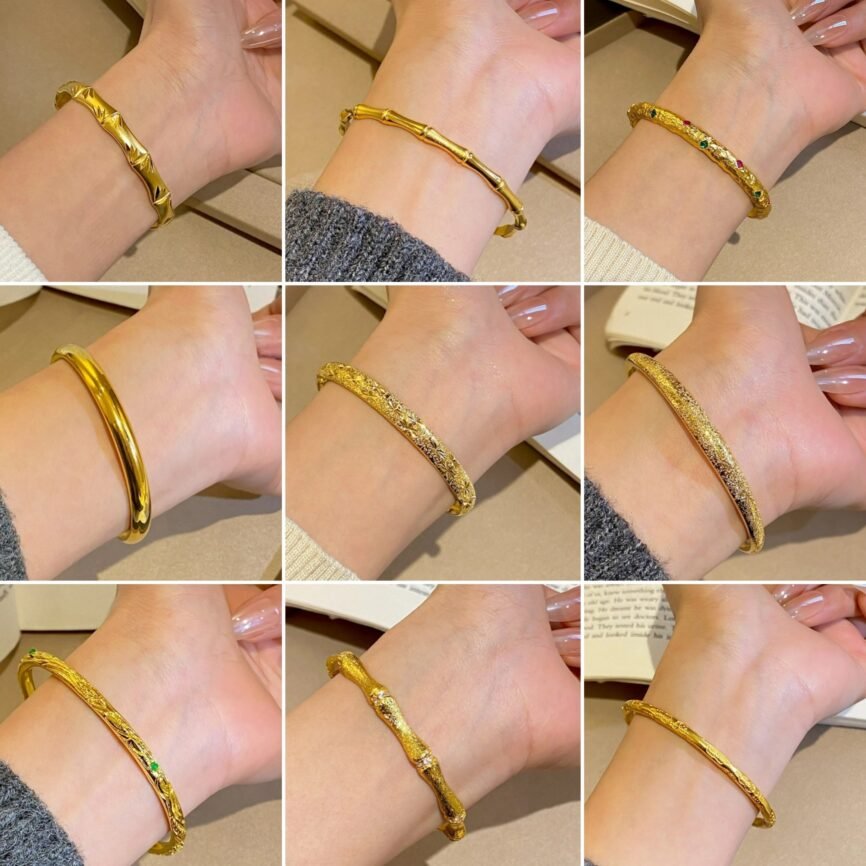Celestial Aurum Cuff gold bangle bracelet with prosperity charm, blue variant.