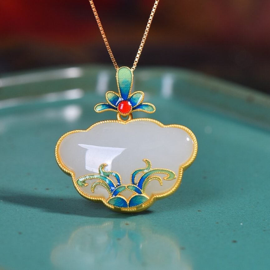 Silver Harmony artisan pendant with Hetian jade charm, ancient Chinese metal design.