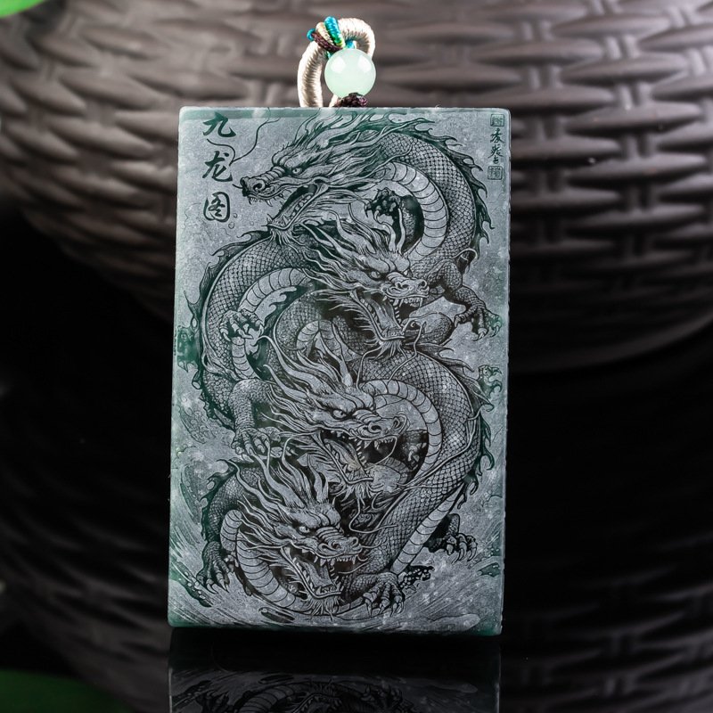 Blue wooden Azure Dragon charm pendant, artisan jewelry with Chinese symbolism.