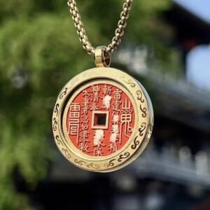Earthbound Guardian Lucky Charm Necklace with pearl and ancient Chinese earth energy coin pendant