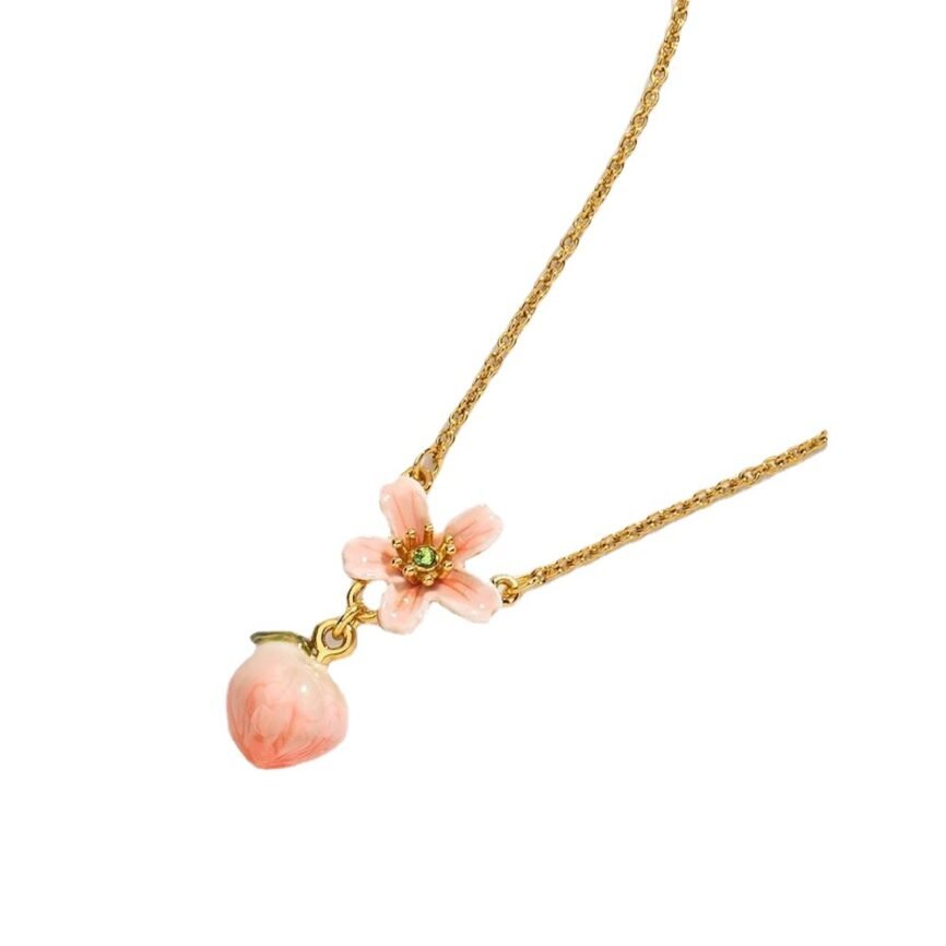 Blossom Mystique Necklace with peach blossom charm, artisan jewelry.