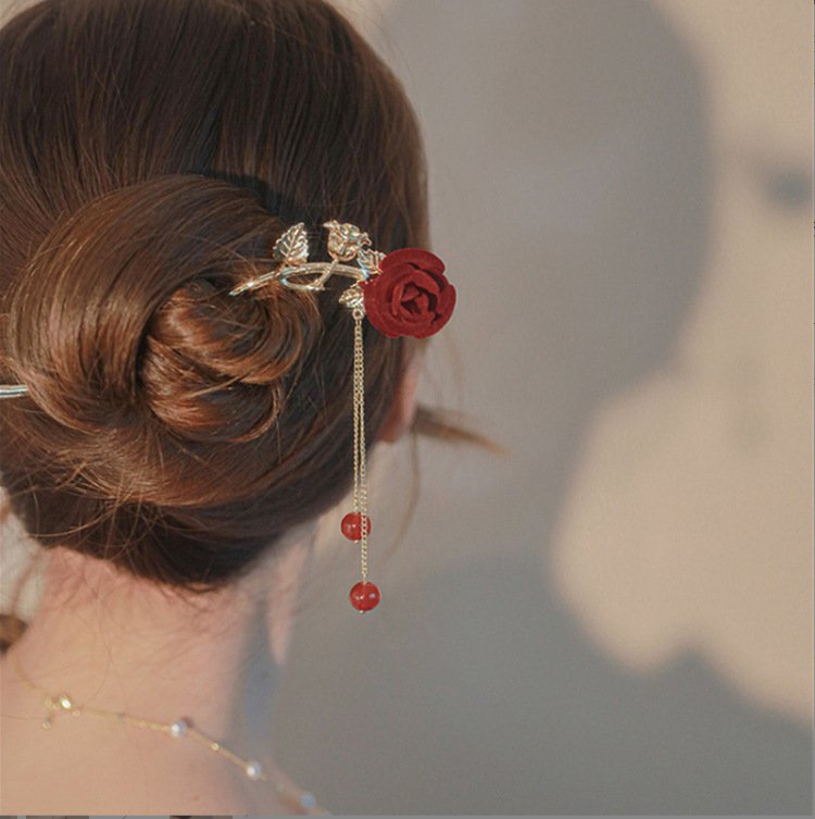 Ethereal Bloom Moonpin hairpin with rose and moonlight design, blue variant.