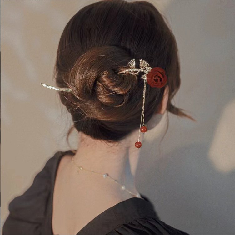 Ethereal Bloom Moonpin hairpin with rose and moonlight design, blue variant.