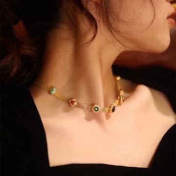 Blue celestial chunky gold chain necklace with lunar prism charm, artisan jewelry.