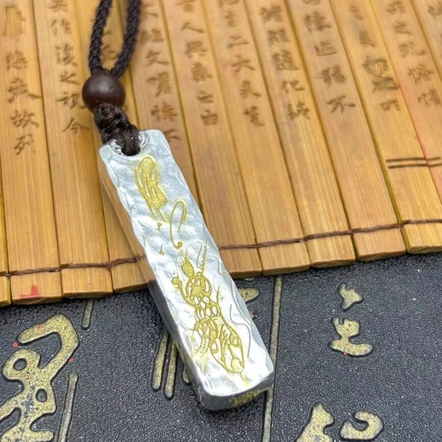 Blue Celestial Thunder Talisman Necklace with ancient Chinese charm for luck.