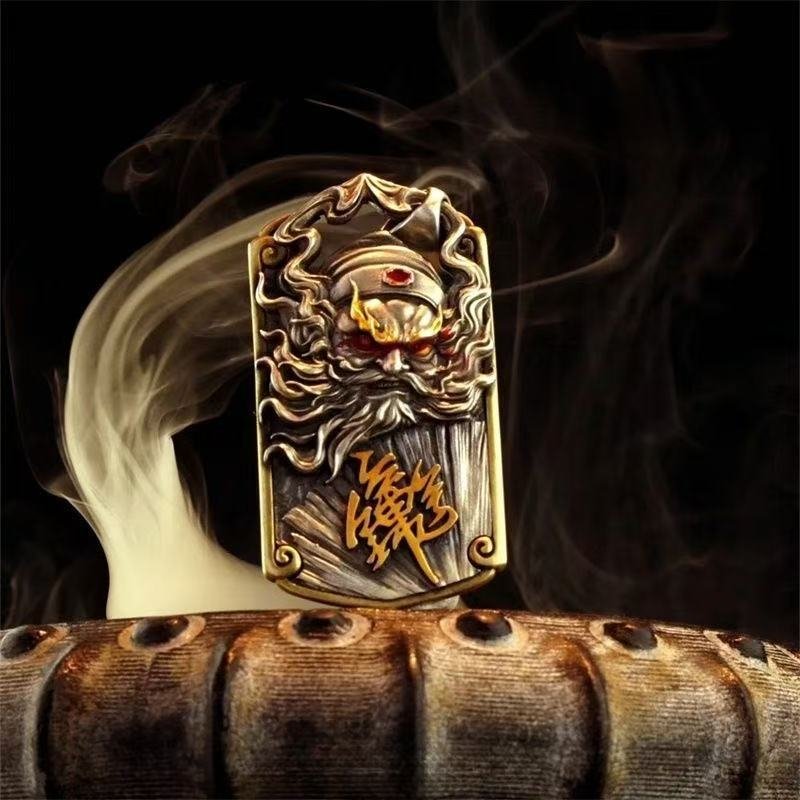 Blue Mystic Guardian necklace with ancient Chinese charm and guardian sword painting.