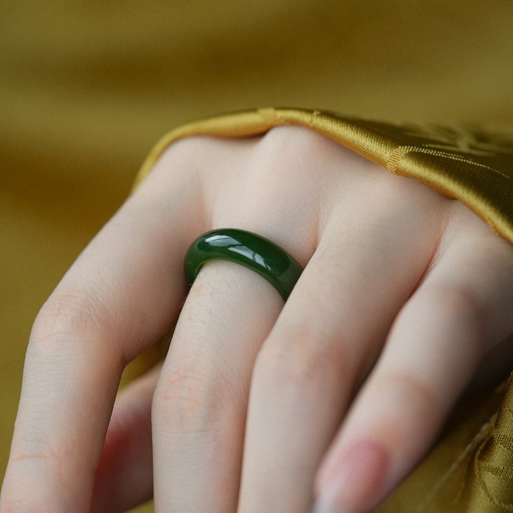 Emerald jade Jadewood Harmony Ring, artisan Chinese-inspired nature elegance.