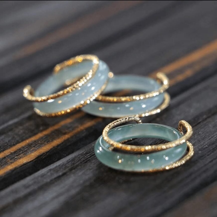 Verdant Jade Harmony Ring with wood accents, artisan jewelry.