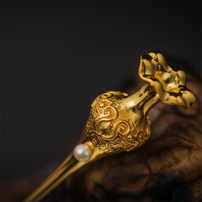 Golden blooms hairpin with artisan cloud pendant light charm.